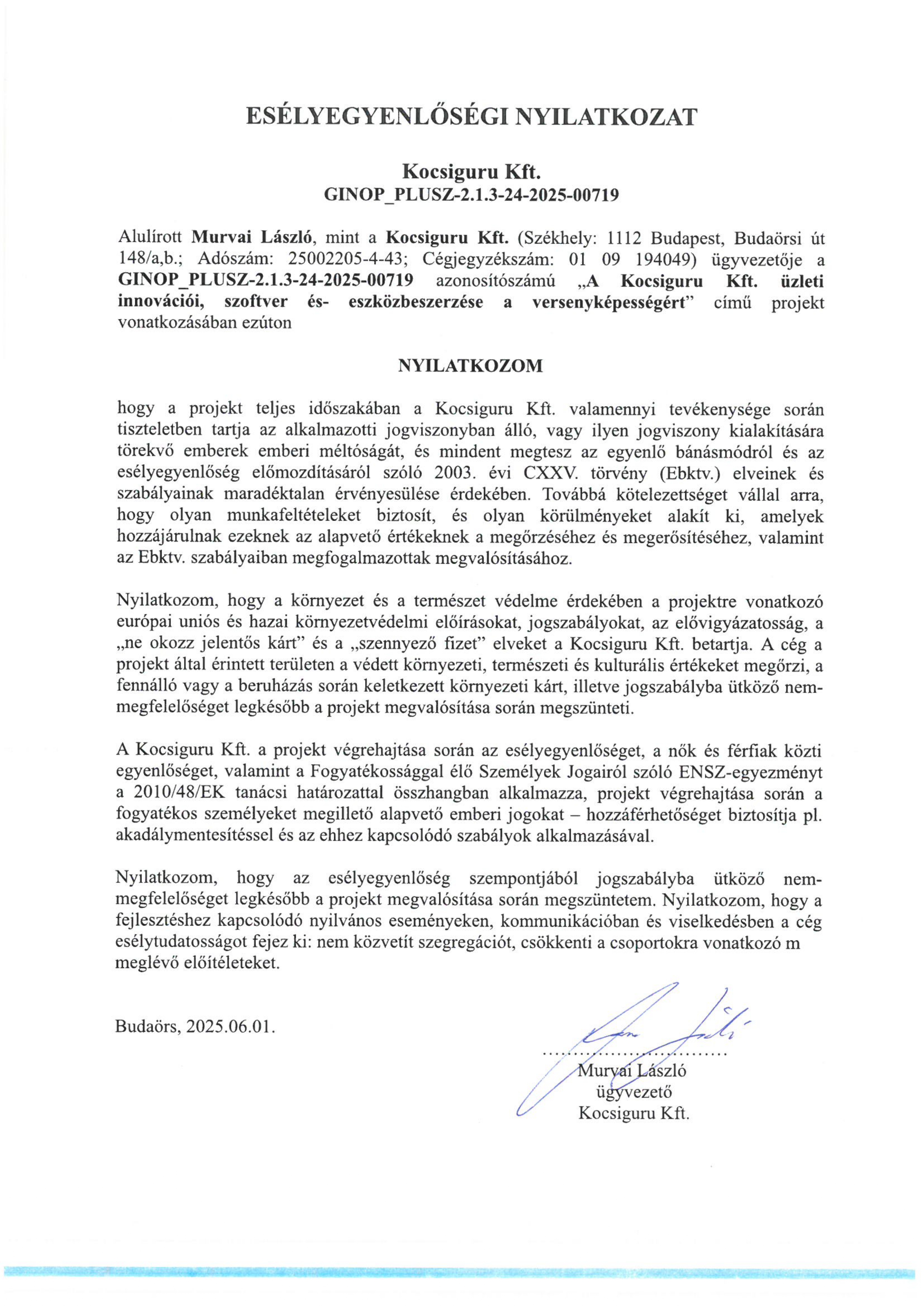 Esélyegyenlőségi nyilatkozat